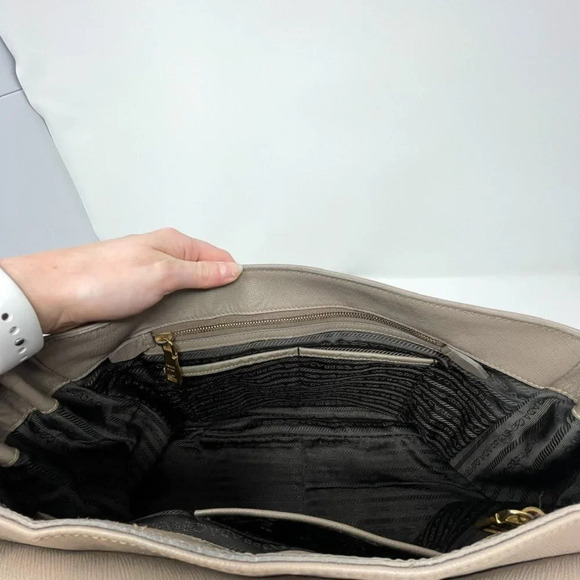 Prada Pattina Flap Satchel Saffiano Leather Medium Bag Purse Taupe - Picture 15 of 16